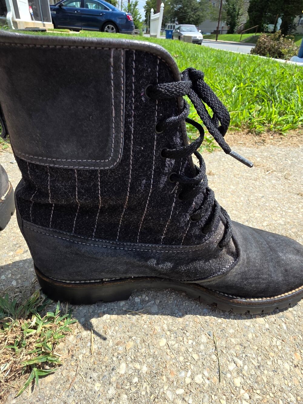 Vintage Gucci Italy Suede Wool Pinstripe Hiking Combat Lug Boots Size 40.5 / 40½